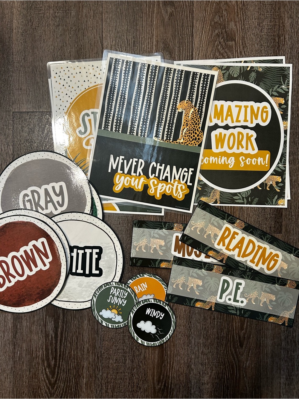 Classroom Safari Themed Reading & Activity Signs - Gray, White, Brown, Gold